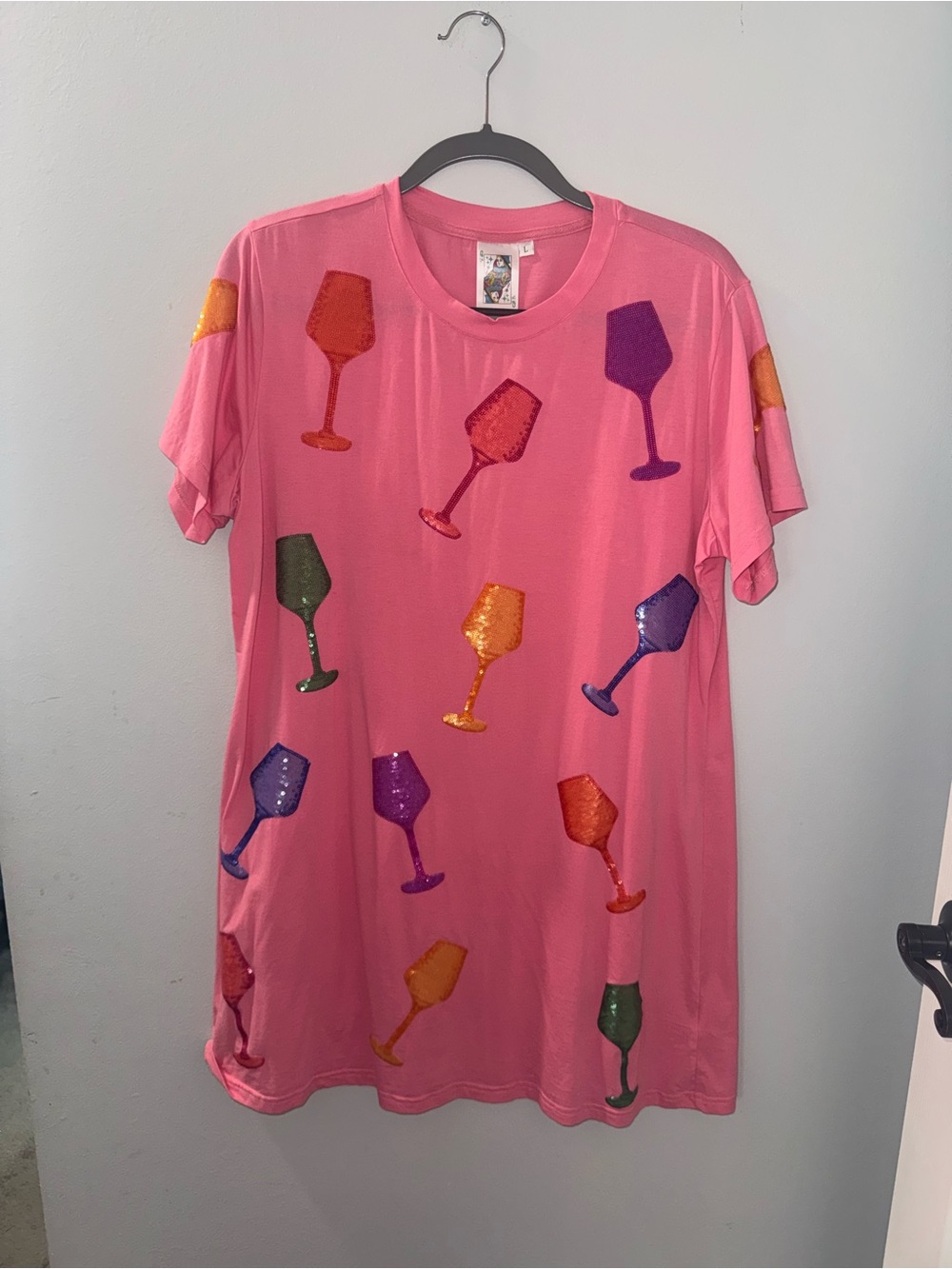 Queen of Sparkles Pink Sequin Wine Glass T-Shirt Dress – Size L NWOT